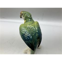 Karl Ens porcelain figure of a parrot, modelled with yellow breast, blue back and wings and green tail, perched upon on a blossoming branch, with blue printed factory mark beneath, H24.5cm