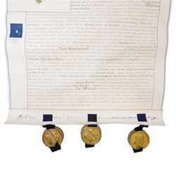 Victorian vellum Grant of Arms to James Hartley M.P. of Bishop Wearmouth, Union of Sunderland, County Palatine of Durham 1865, with three wax seals in gilt brass cases and original case 