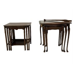 George III mahogany side table, two nests of tables, tripod table, pie-crust table, rush seat chair (5)