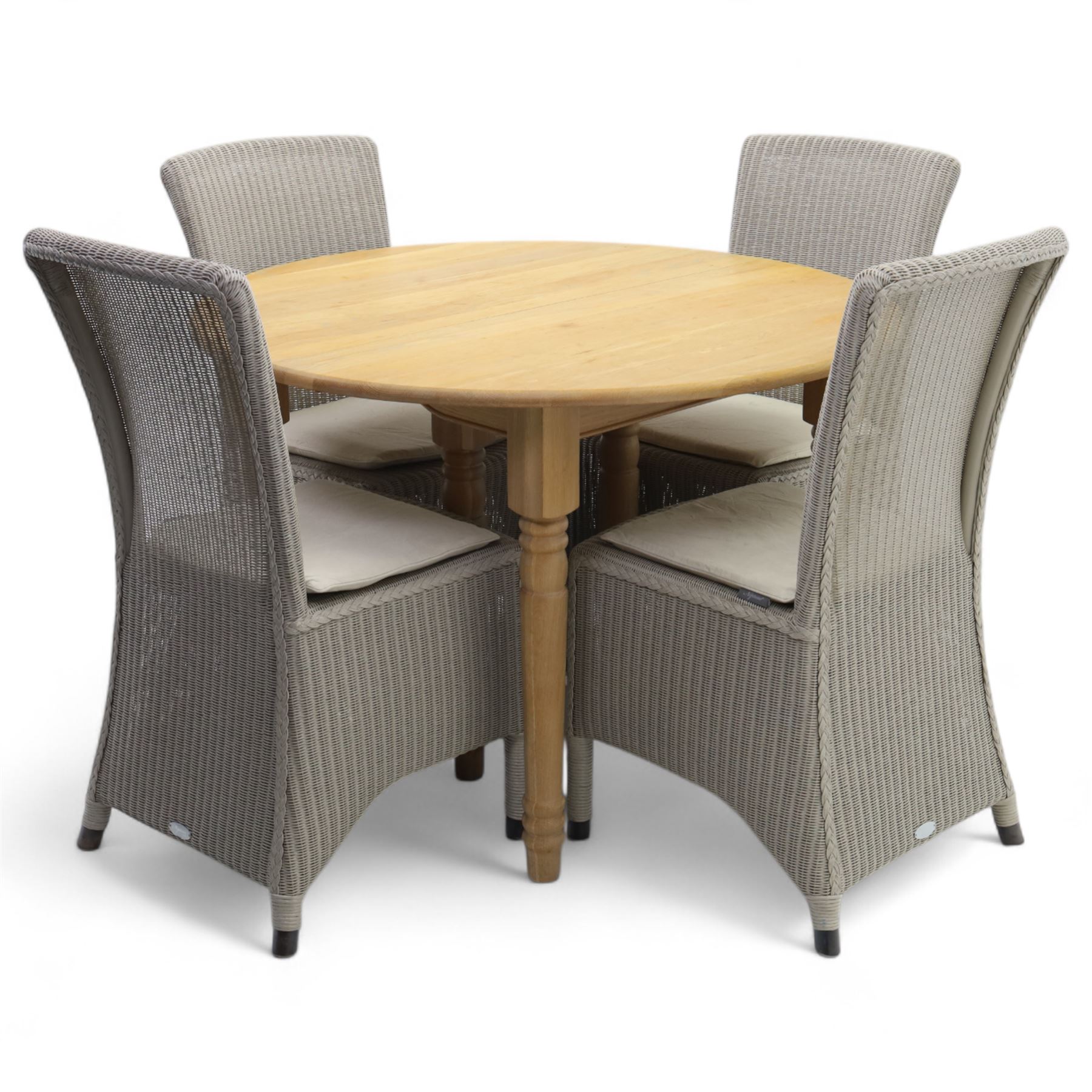 Neptune – Sheldrake limed oak extendable dining table and eight Havan loom chairs, the oval top in limed oak finish with four additional leaves extending the table to seat up to ten (Extends to cm), raised on turned legs with two additional centre supports, the matching Havan loom chairs finished in grey with cream upholstered seat covers (H 95cm, W 47cm, D 55cm)