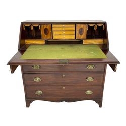 George III figured mahogany bureau, the fall front enclosing satinwood interior of small drawers, cupboards and pigeon holes, four graduating drawers, on bracket feet 

This item has been registered for sale under Section 10 of the APHA Ivory Act 