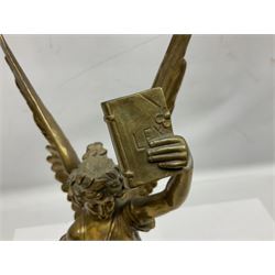 After Oswald Schimmelpfennig (German, 1872-1939): Pair of gilt bronze winged Allegorical female figures, the first example with arm outstretched holding a branch, signed 'Schimmelpfennig 1900', the second with arm raised above her head holding a book and sword in the other, both raised upon marble plinths, H45cm