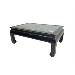 Chinese ebonised rectangular coffee table, inset glass top over pierced geometric fretwork, raised on shaped supports