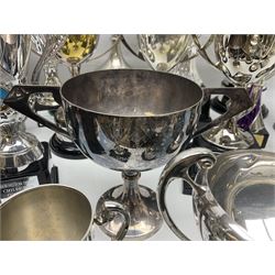 Collection of silver plated and metal trophy cups and winners plaques, all relating to the Burniston and District Show, most engraved with competitions and winner's names, in three boxes 