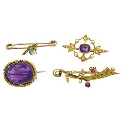 Edwardian gold amethyst and pearl brooch, turquoise and pearl bug brooch and a garnet and pearl brooch, all 15ct and one other purple stone set brooch 