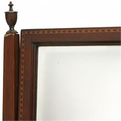 Edwardian mahogany herring-bone inlaid dressing chest, with swivel bevelled dressing mirror, supports with finials, and trinket drawer above chest with three graduated drawers on bracket feet