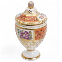 Early 19th century Spode vase and garniture, each decorated in the Japan pattern no. 868, with twin scroll handles and pedestal foot, H15.5cm max; together with Spode pen tray, pattern no. 093, L27cm; pastille burner, H8cm; and an 18th/19th century porcelain vase and cover, decorated with panels of flowers within orange and gilt bands, possibly Spode H16cm (6)