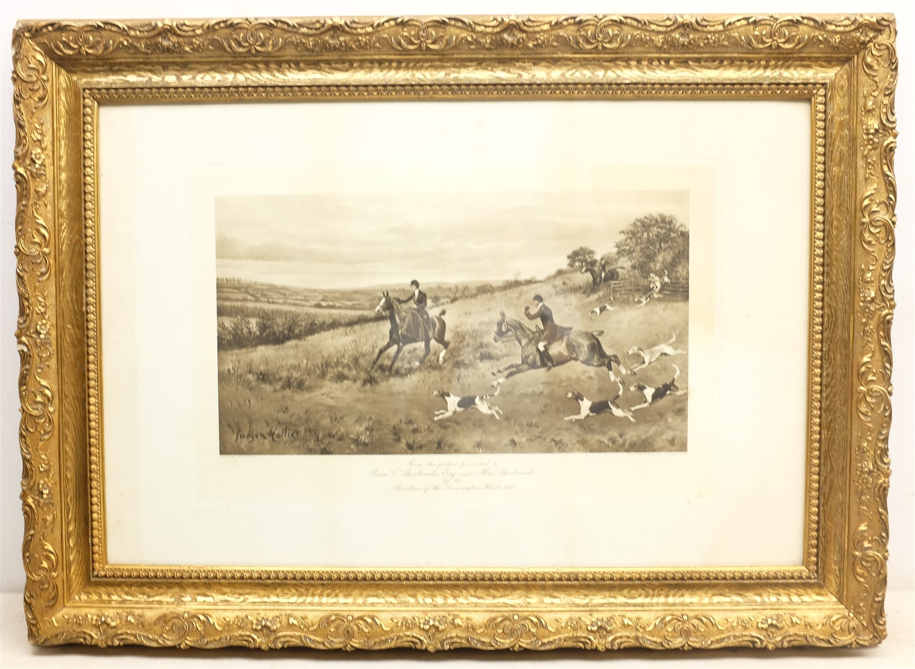 After Imogen Collier (British fl.1898-1904): The Sinnington Hunt, photogravure inscribed 'From the Picture Presented to Penn Sherbrooke Esq. and Mrs Sherbrooke by the members of the Sinnington Hunt 1905' in the plate, together with three other pictures relating to Jack Parker and the Sinnington Hunt, max 35cm x 55cm (4)