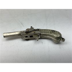 Miniature all nickel 2mm pin fire single shot pistol with engraved grip L4.5cm; together with a .925 silver half hunting cased keyless wind pocket watch inscribed 'Presented to Pte. P. Sizer By No.2 Company 1st Battalion Lincolnshire Regmt For Gallant Conduct Nr. Cork (Ireland) 31.7.20' (2)