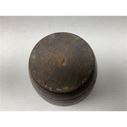 Treen miniature barrel with brass plaque entitled 'From the Teak of HMS Iron Duke Admiral Jellicoe's Flag Ship Jutland 1916' H17cm