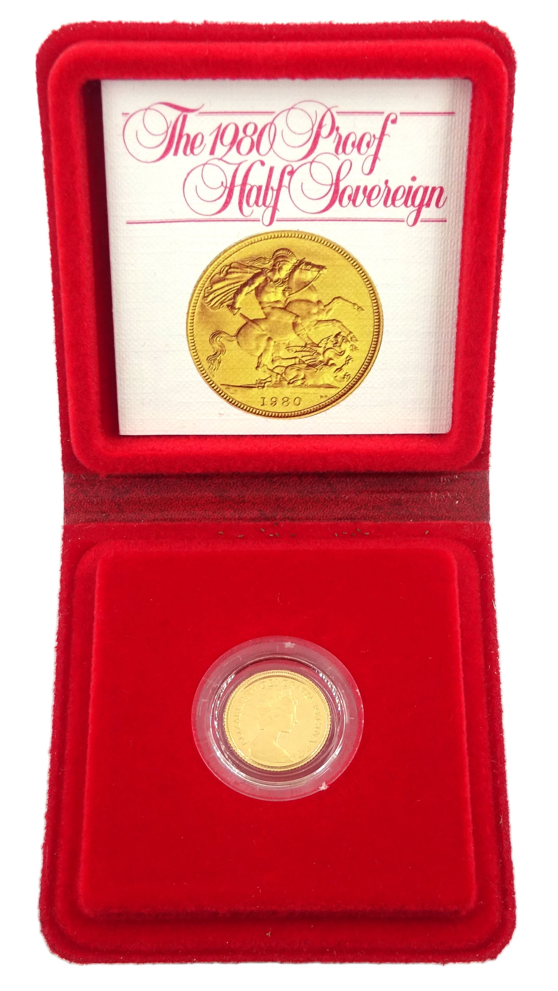 Queen Elizabeth II 1980 gold proof half sovereign coin, cased with certificate