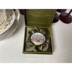 Twin handled sucrier with cover, in the manner of Thomas Grainger for Royal Worcester, together with Wedgwood Medina pattern coffee cans and saucers, a set of ten ruby glasses and a Wedgwood cameo glass tankard etc