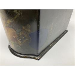 Victorian papier-mâché stationary box, of rounded wedge form with mother of pearl escutcheon, the hinged and curved cover and sides hand painted with floral sprays, opening to reveal a lined and fitted interior, H15cm L22cm D16cm