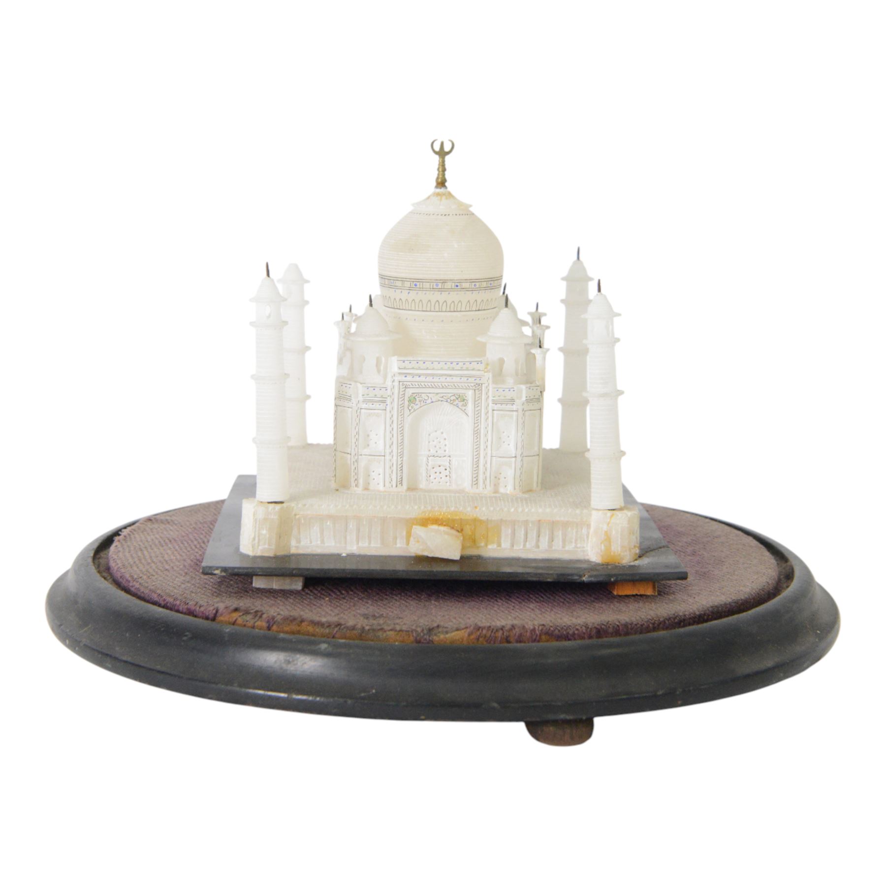 Early 20th century carved alabaster model of the Taj Mahal, early 20th century, under glass dome, raised on a velvet-lined and ebonised plinth, H26cm