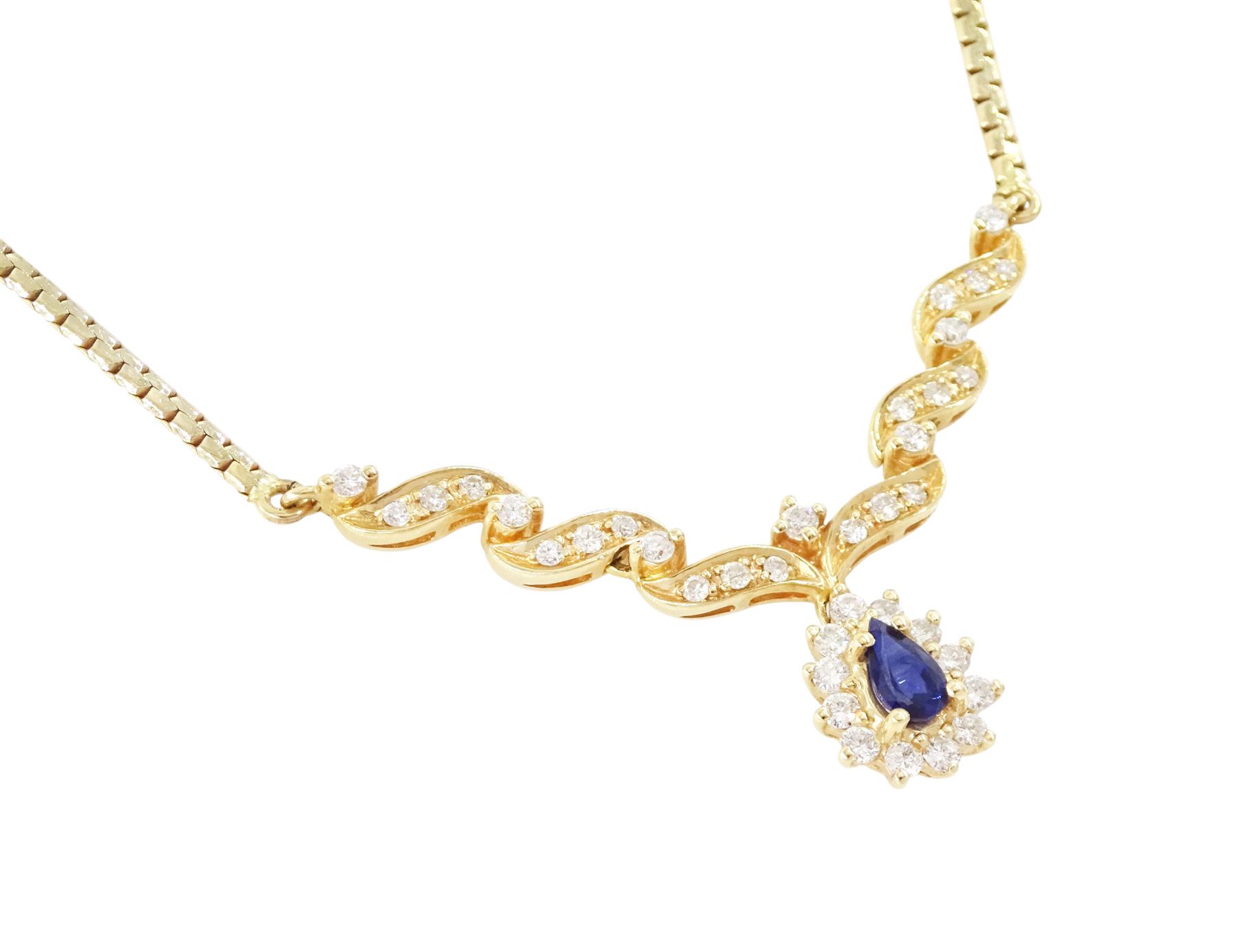 14ct gold sapphire and diamond necklace, the central diamond set ribbon design panel, suspending a pear cut sapphire of approx 0.25 carat, surrounded by twelve round brilliant cut diamonds, stamped, total diamond weight approx 0.25 carat