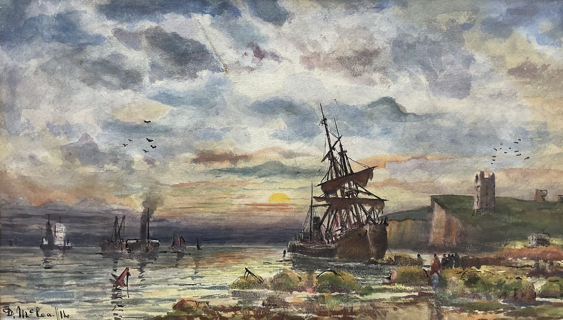 Duncan Fraser Mclea (British 1841-1916): Vessels in Shallow Waters off the North East Coast, watercolour signed and dated '14, 23cm x 39cm
