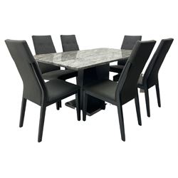 Monaco rectangular dining table with quartz marble top, and six high back chairs