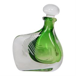 Michael James Hunter Twists Scottish glass paperweight topped with white and green lizard, signed to base, together with Karlin Rushbrooke studio glass,  Wedge Bottle in green and white, bottle H19cm