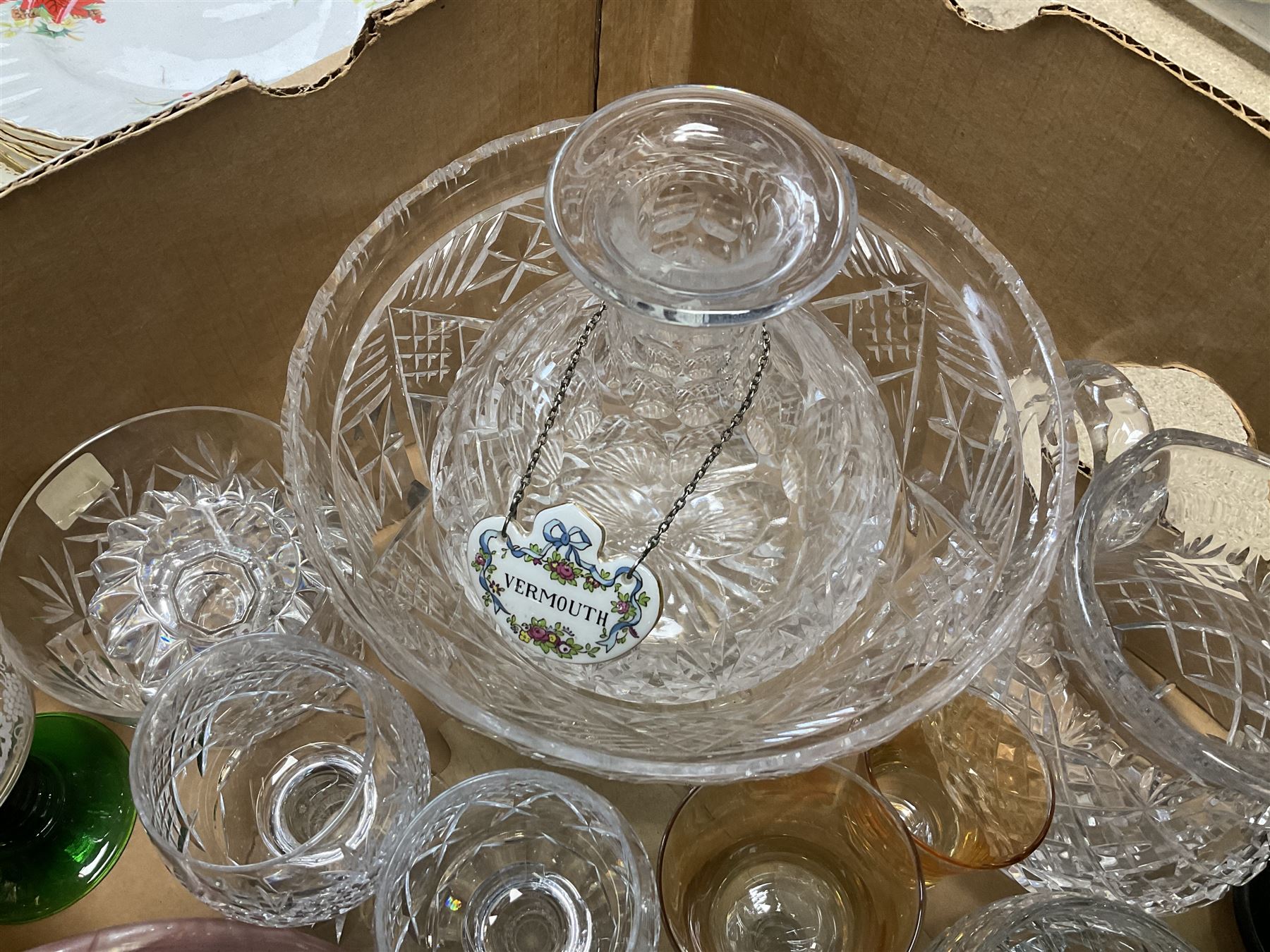 Royal Albert Poinsettia pattern part tea service, including tea cups, mugs, dessert plates, cake plate, together with James Kent plates, Crown Staffordshire Vermouth ceramic decanter label, glassware etc, two boxes 