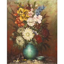 English School (20th century): Still Life with Chrysanthemums, oil on canvas signed W Laro...