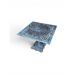 Victorian revival ornate cast iron garden table, pierced square top, pedestal base, finished in distressed blue paint