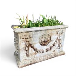 Haddon stone - cast rectangular planter, swag and motif detail, planted