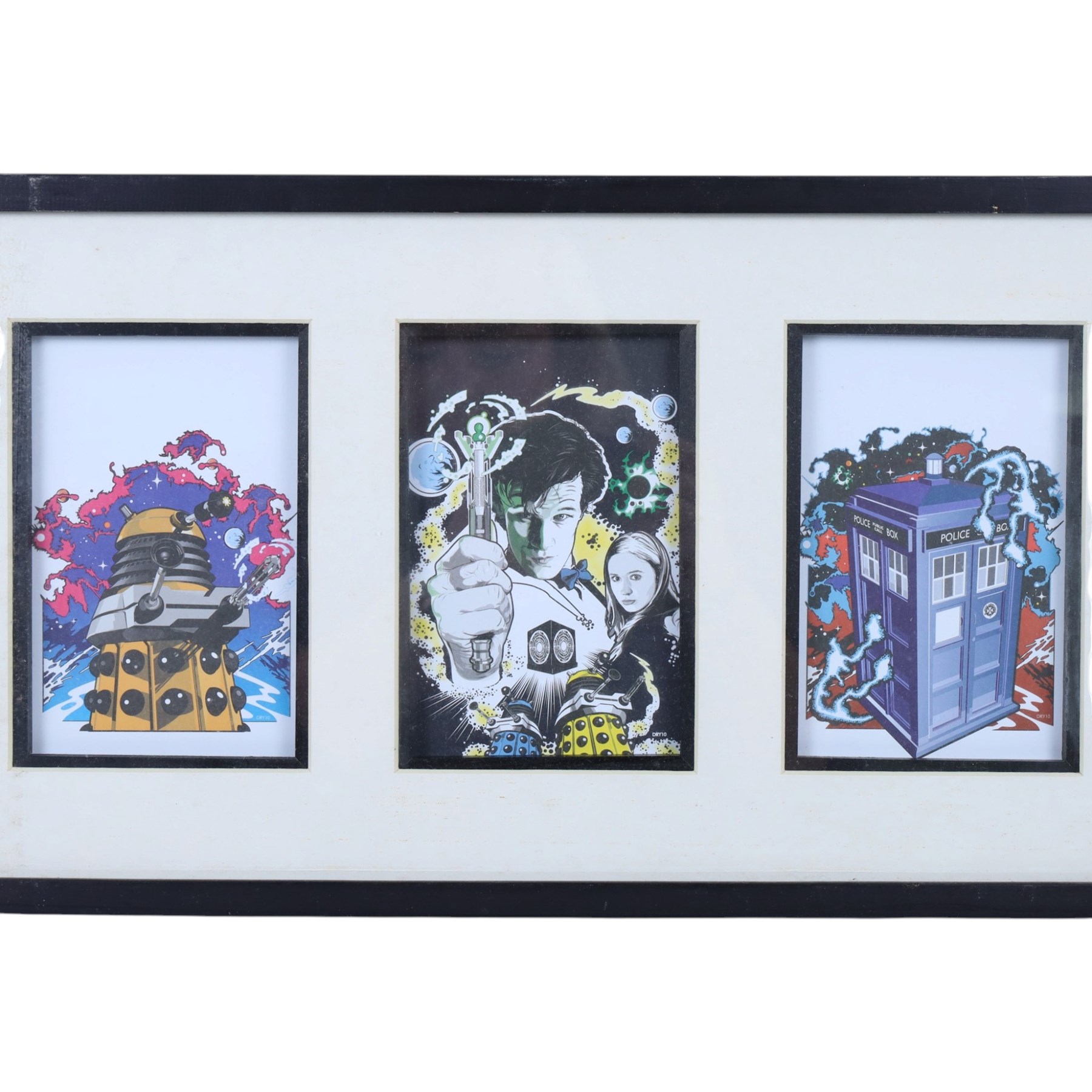 Doctor Who prints and signed memorabilia, including first day cover with signatures of Tom Baker, Peter Davidson, Colin Baker and Sylvester McCoy, signed print of Katy Manning, print of Billy Piper and Christopher Ecclestone with spurious signatures, Tardis print, etc