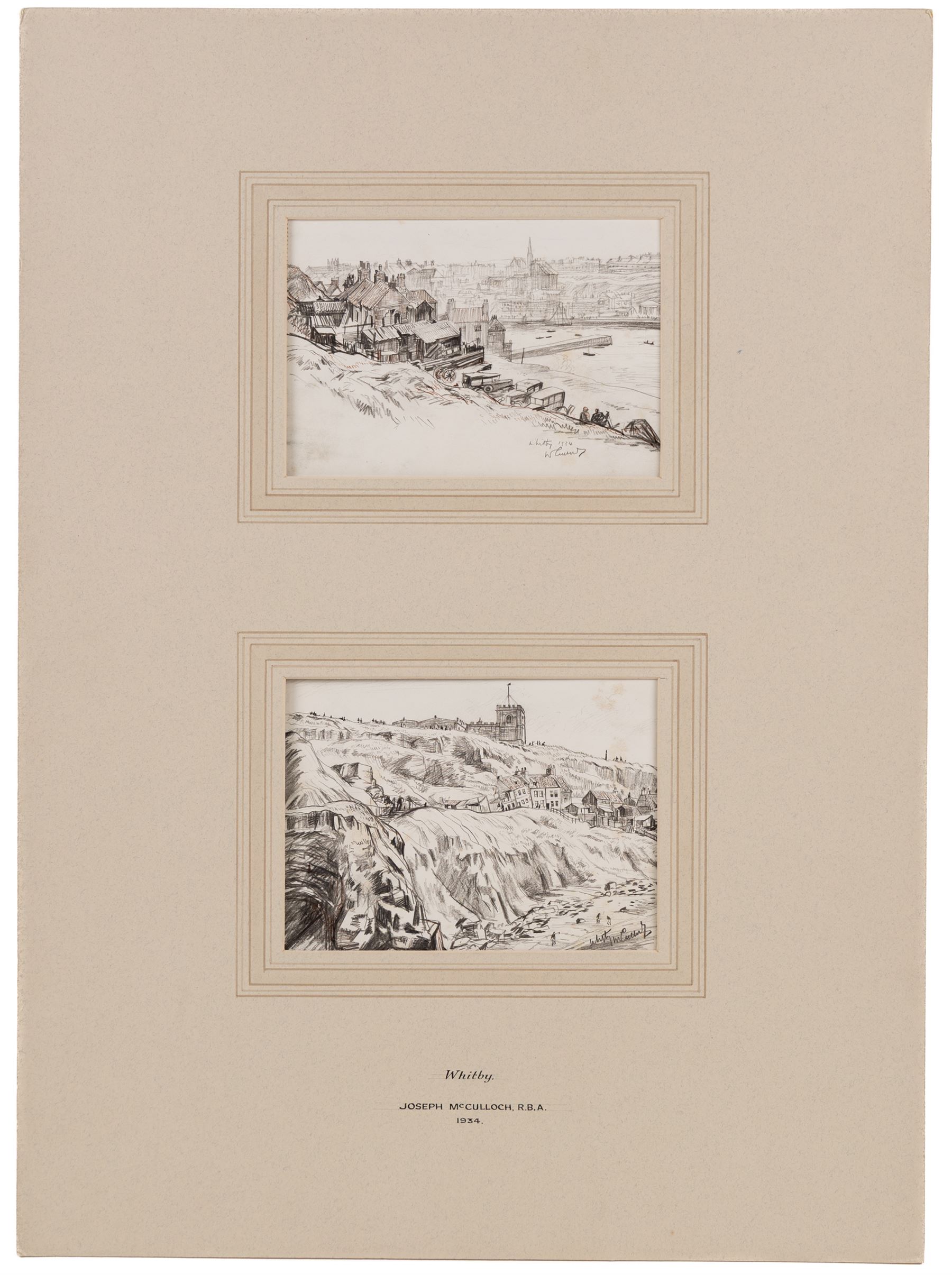 Joseph Ridley Ratcliffe McCulloch RBA (British 1893-1961): Collection of locations across North Yorkshire including 'Scarboro' Castle' and 'Whitby', five mixed media signed dated and titled max 19.5cm x 31.5cm (5) (unframed)