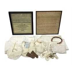 Late 18th century sampler worked with the alphabet above verses in red, by Mary Birkett aged 10 November 16th 1792, H33.5cm W34.5cm, together with another sampler worked with the alphabet above Proverbs 14:23, by Mary Anne Hainworth, Chesham, date unknown (--83), both in glazed frames, together with a quantity of Victorian and later dolls clothes to include lace examples