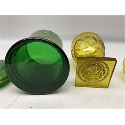 Victorian green glass lidded biscuit jar, with gilt foliate decoration and an amber glass goblet and cover,
tallest H25cm