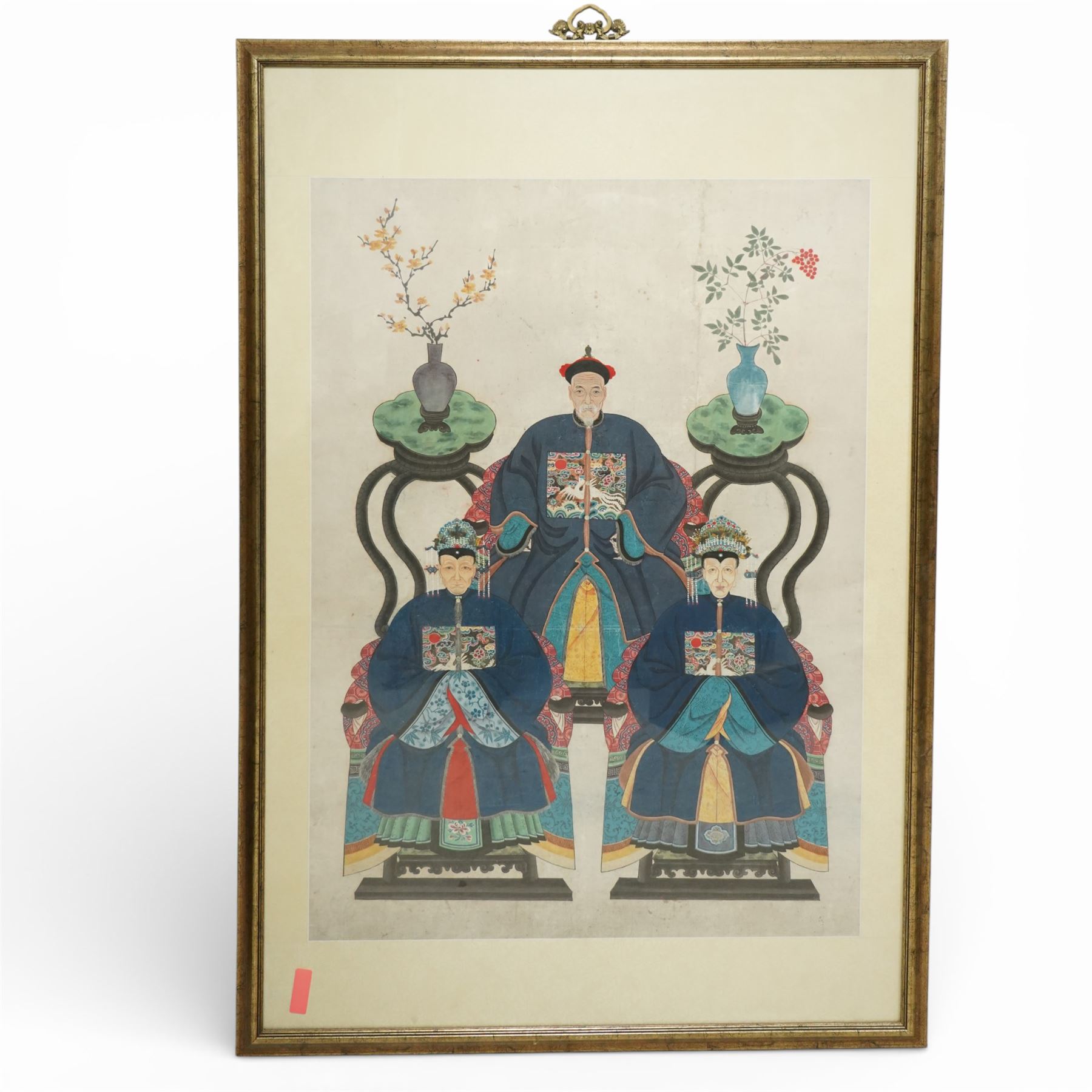 Chinese School (Late Qing Dynasty): Ancestral Family Portrait - each sitter wearing a fifth-rank silver pheasant Mandarin Square or 'Buzi', gouache on paper, 120cm x 85cm