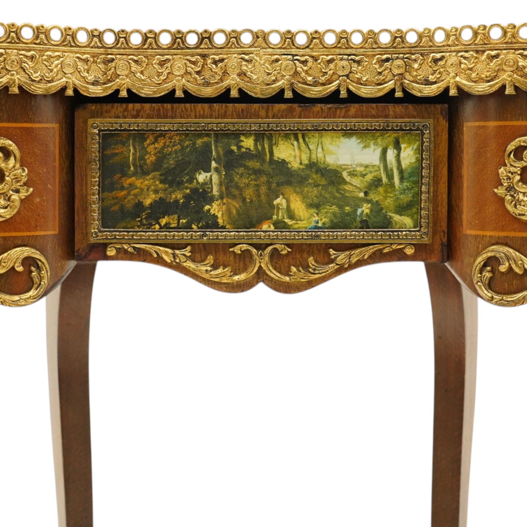 French Louis XV design inlaid kidney-shaped occasional table, the shaped pink marble top with pierced and raised gilt metal gallery edge of egg-and-dart design with swags, fitted with central drawer with a pastoral scene to facia, flanked by gilt metal mounts, raised on cabriole supports united by shaped undertier 