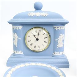Wedgwood Jasperware mantle clock, lidded jars and covers, commemorative plates, bell, vases etc 