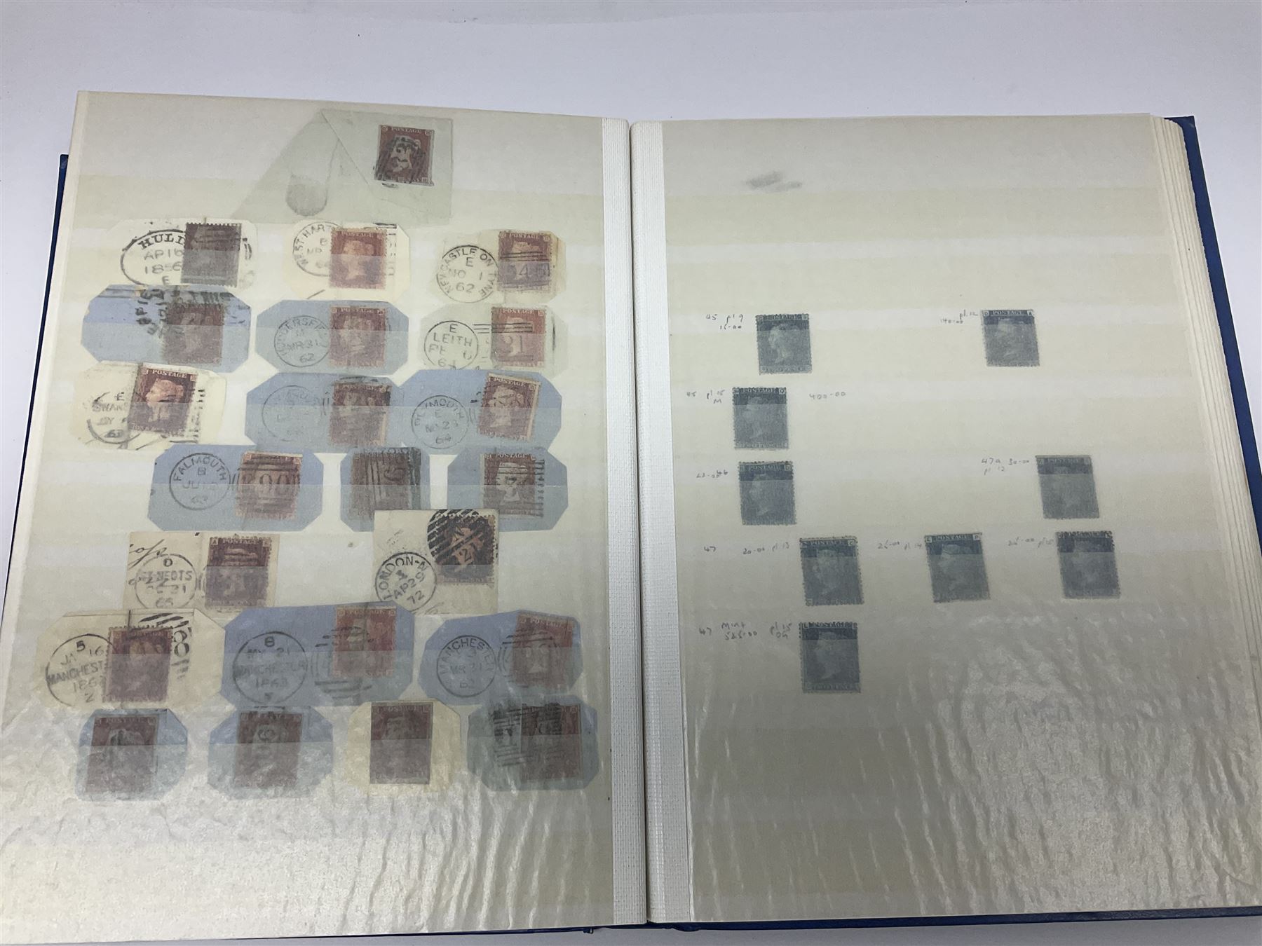 Mostly Great British Queen Victoria stamps, including penny black with black MX cancel, 1840 two pence blue with black cancel, imperf penny reds singles and pairs, perf penny reds stars and plates, various postmarks or cancels, penny reds on pieces or covers, halfpenny 'bantams', other QV issues with some higher values etc, housed in a blue stockbook