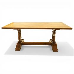 Baker Furniture - 'Baluster' range mango wood dining suite, comprising a refectory dining table raised on twin pillars with scrolled bases, with six chairs including two carvers, with gilt mounts and neutral upholstery