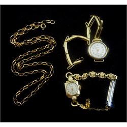 9ct gold belcher link necklace, hallmarked and two 9ct gold ladies manual wind wristwatches, both on gilt straps