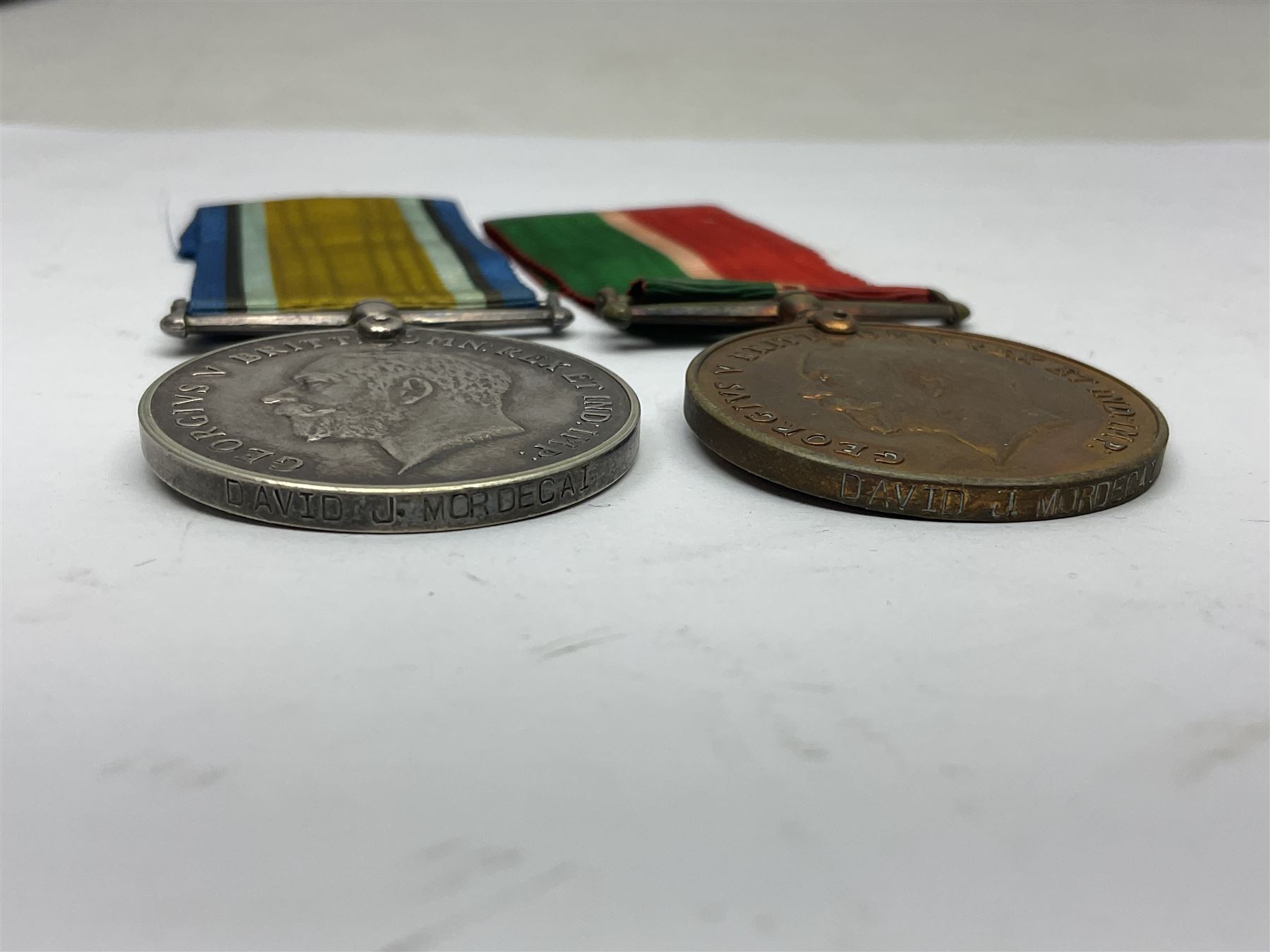 WWI Mercantile Marine pair of medals comprising British War Medal and Mercantile Marine Medal awarded to David J. Mordecai; both with ribbons (2)