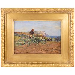 Isabella 'Isa' Jobling (neé Thompson) (Staithes Group 1851-1926): Harvesting atop Penny Nab - Staithes, oil on canvas signed 25cm x 35cm 
Provenance: exh. Walker Galleries, Harrogate, label verso