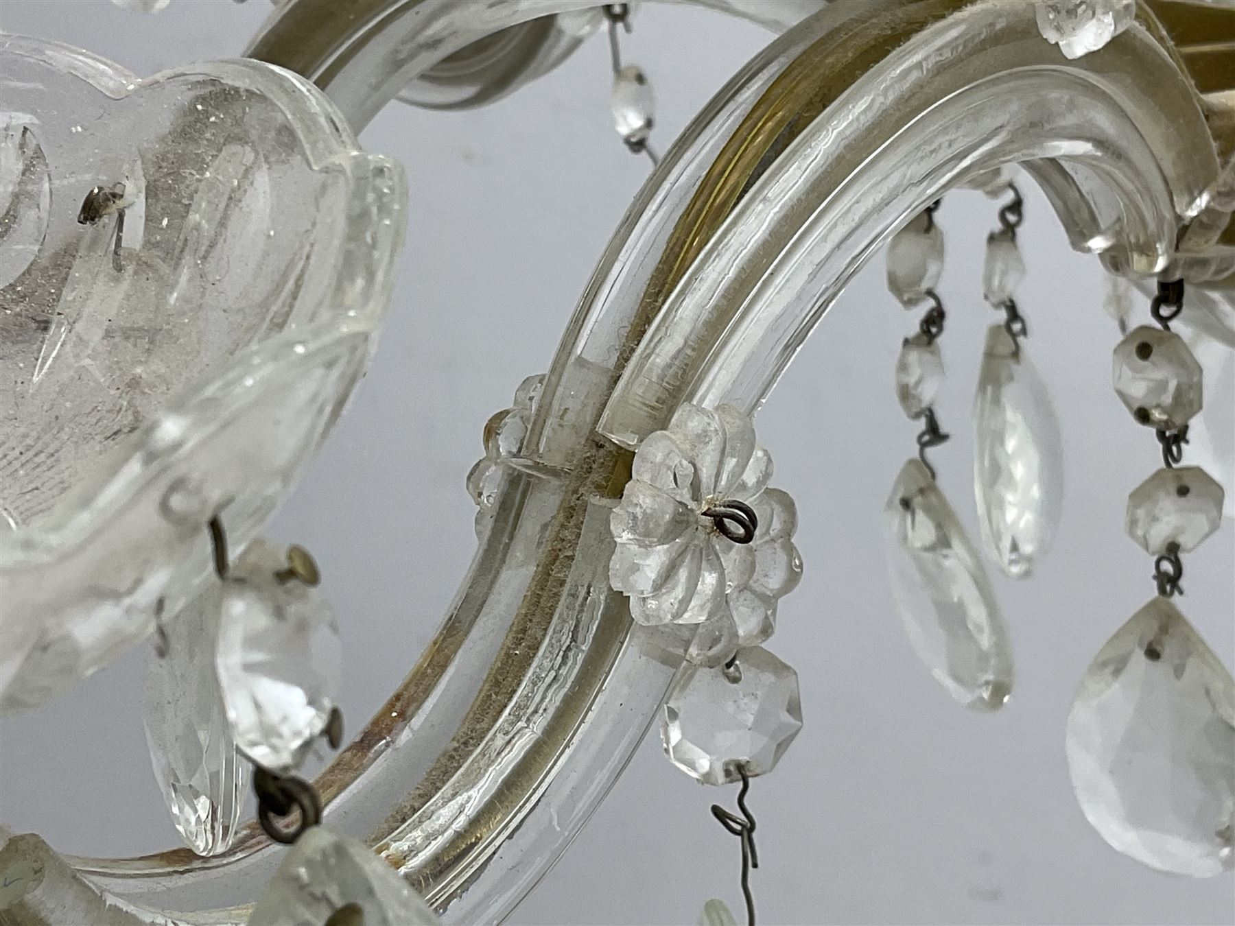 Victorian style glass eight branch chandelier, with drip trays, brass tone support, and drops