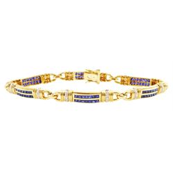 18ct gold sapphire and diamond bracelet, each link set with two rows of rectangular step cut sapphires, with pave set diamonds either side, stamped, total diamond weight 0.40 carat, total sapphire weight 2.50 carat, with World Gemological Institute report