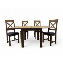 Oak extending dining table, square pull-out action top with folding butterfly leaf, on straight square supports; set of four dining chairs, X-shaped backrest and black upholstered seat, on square supports united by H-stretcher