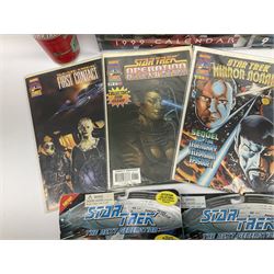 Quantity of Star Trek memorabilia and promotional merchandise including action figures, calendars, mobile kit, collector's fact cards, models etc; many in original packaging