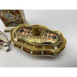 Royal Crown Derby Haiku pattern miniature clock, together with 1128 Imari pattern trinket box with cover and teddy bear figure, all with printed marks beneath   