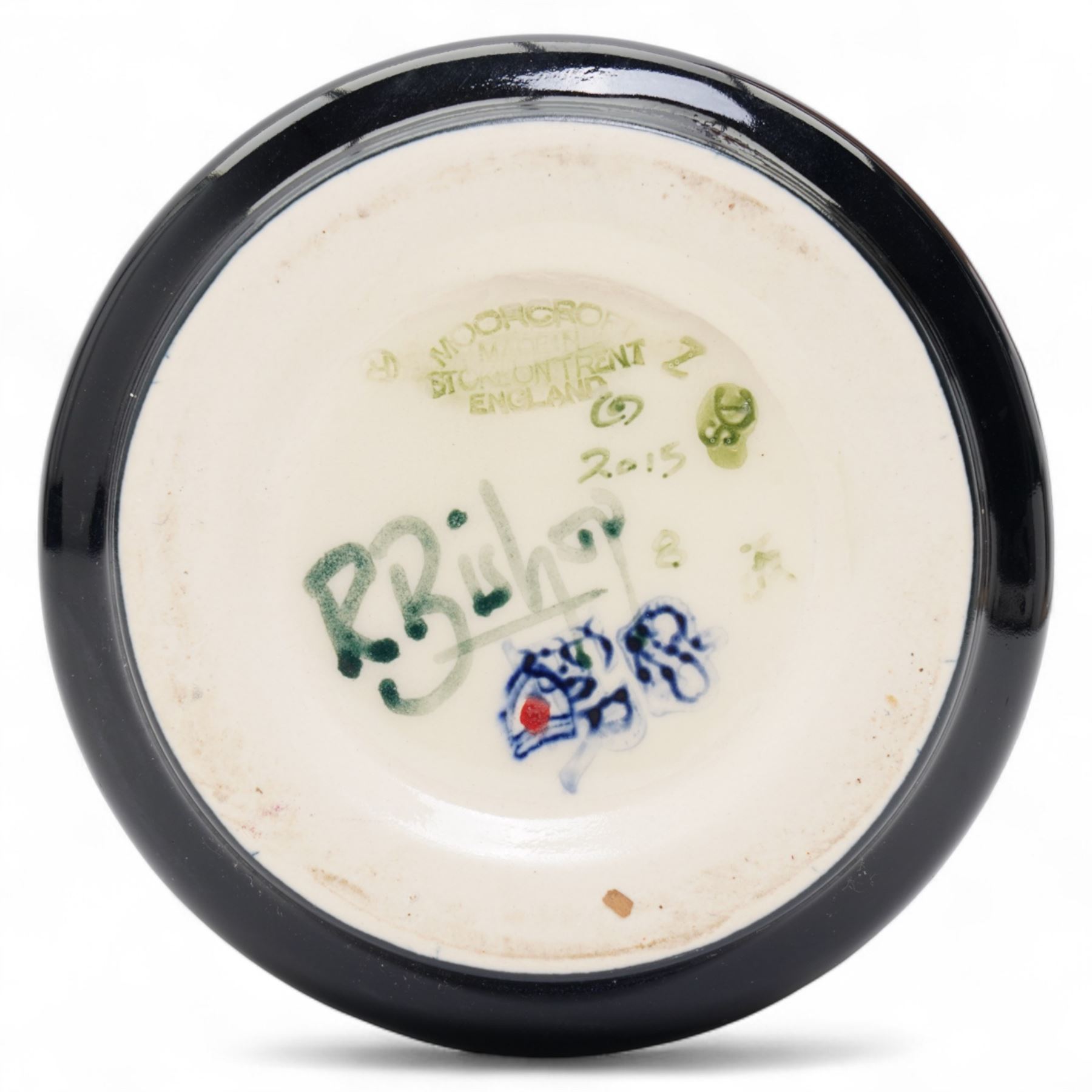 Moorcroft Buckingham Orchid pattern vase, of elongated waisted form, signed by Rachel Bishop, painted marks to base, H31cm 