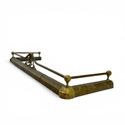 Three 20th century brass fenders, two with pierced Art & Crafts design rails, largest W156cm, D 45cm 