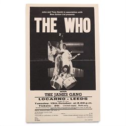 The Who ephemera, comprising Maximum R&B Tuesdays at the Marquee Live at Leeds album poster, two flyers for concerts in Manchester and Leeds and a 1975 tour programme