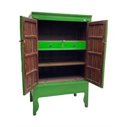 Chinese green lacquered hardwood moon cabinet, two panelled doors with metal mounts decorated with the zodiac animals and traditionally dressed figures, enclosing two drawers and shelves over single secret compartment