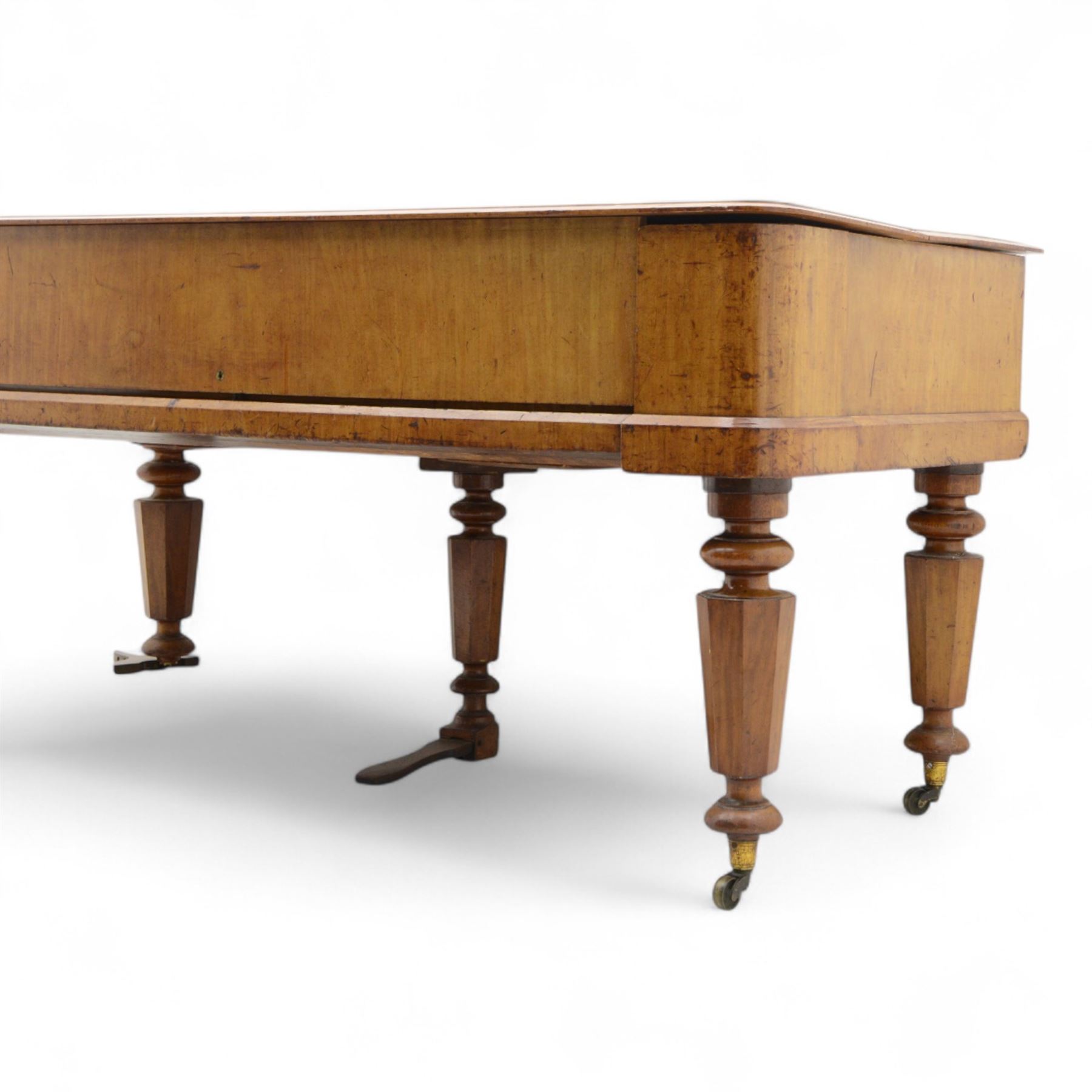 John Broadwood & Sons- Mid-19th century square piano in a light mahogany case serial No 57168 (1840), with four taper turned legs on castors and conforming sustaining pedal, with a 6 octave compass F1-G6 with 63 ivory and ebony keys, makers name with brass inlay and silk backed fretwork above the keys, recently restored action with new hammer heads, damper felts and strings, bi-strung with a steel brace and metal hitch pin plate with faux marbled decoration. 
This item has been registered for sale under section 10 of the APHA Ivory Act, Reference BS3HW755