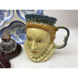 Edwardian ink stand with inlaid decoration, together with a glass inkwell with air bubble inclusions, Royal Worcester trio dish in Willow pattern and a Queen Elizabeth I character jug