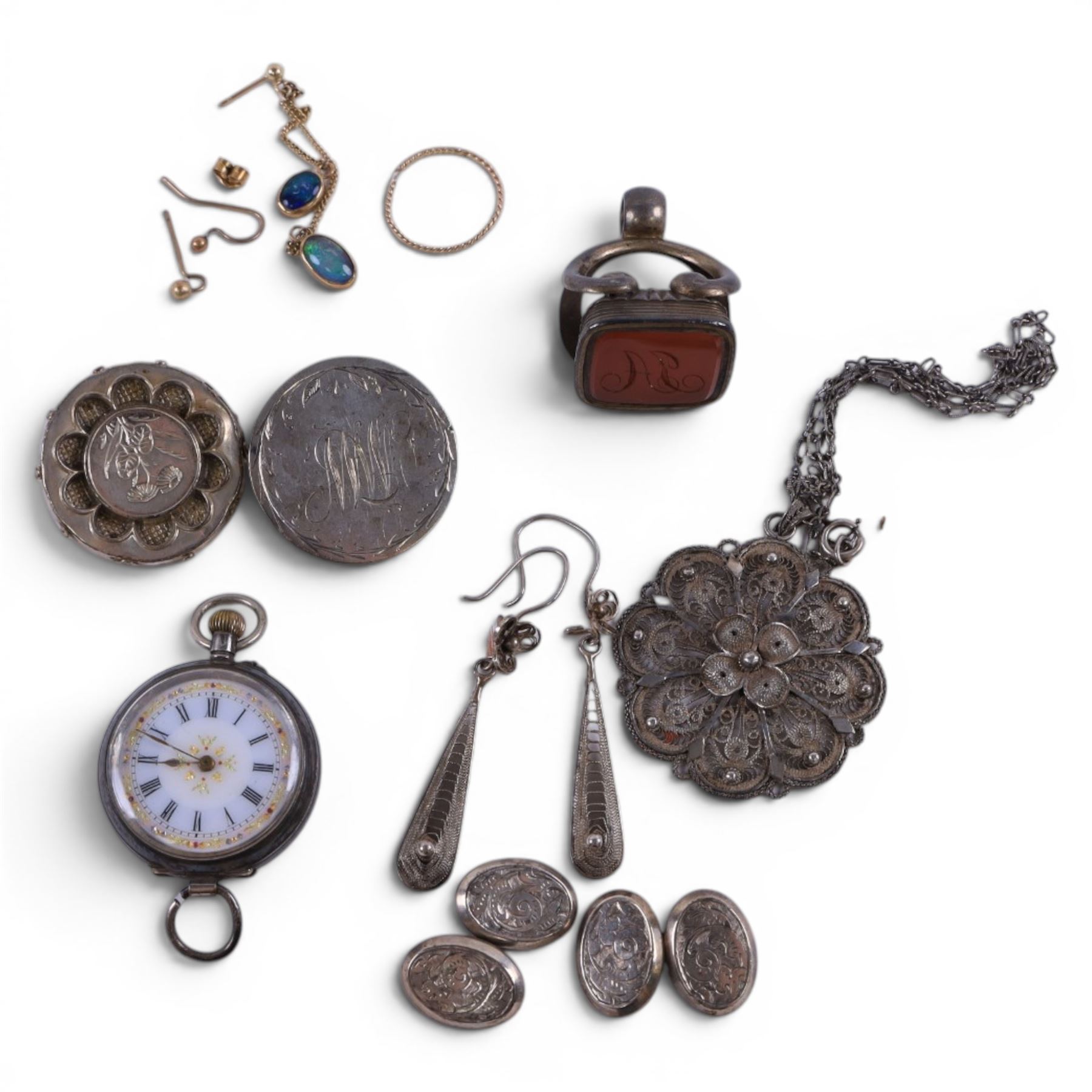 9ct gold jewellery oddments, including single opal pendant earring, single hoop earring and earring hooks and silver jewellery, including wristwatch, cufflinks, necklace, earrings, brooches and carnelian fob